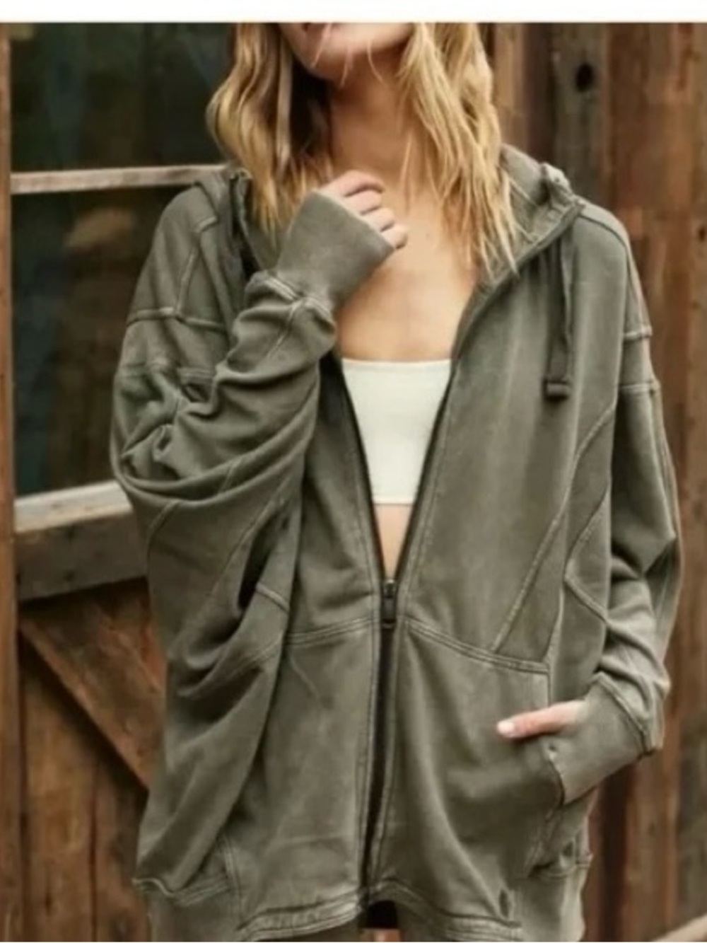 Free People Movement Washed Olive Oversized Zipped Hoodie with Drawstrings